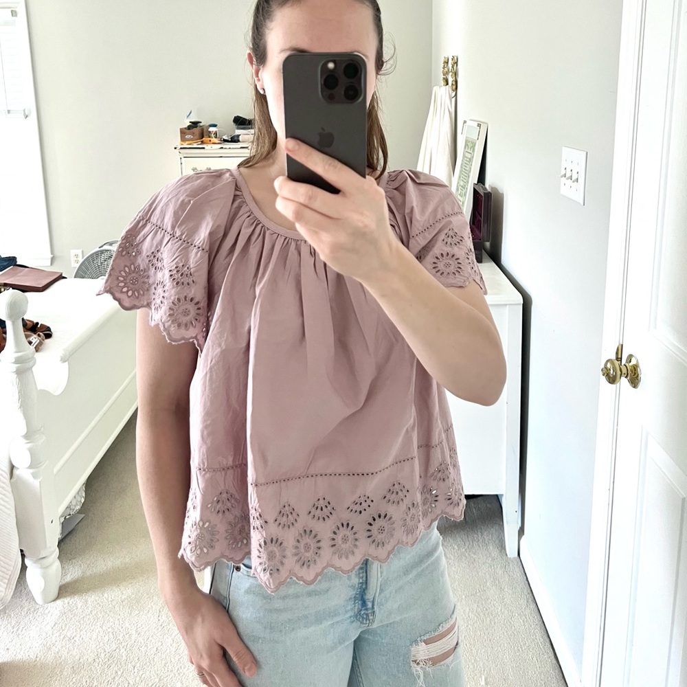 GAP Mauve Eyelet Flutter Sleeve Cotton Top